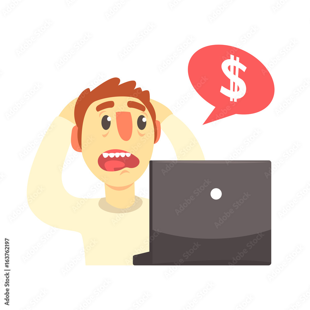 Stressed cartoon man looking at his laptop computer, internet security cartoon vector Illustration Stressed cartoon man looking at his laptop computer, internet security cartoon vector Illustration