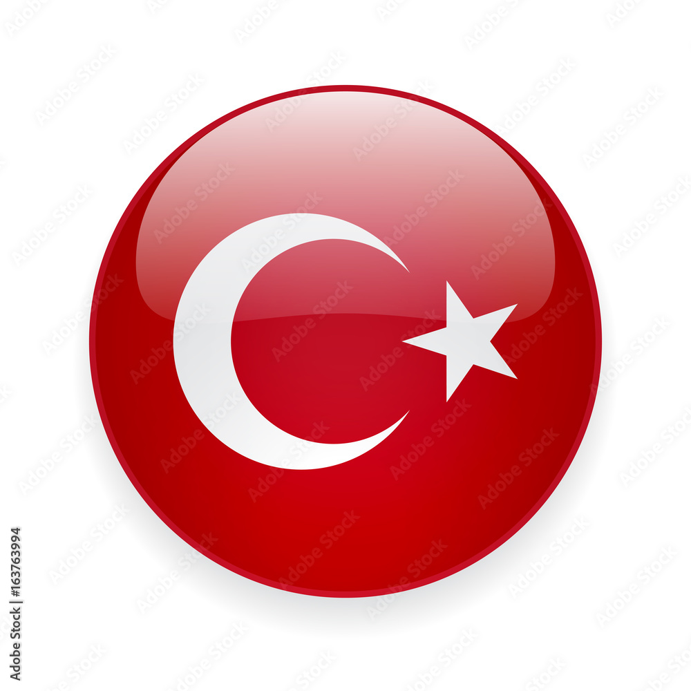 Round glossy icon with national flag of Turkey on white background Round glossy icon with national flag of Turkey on white background