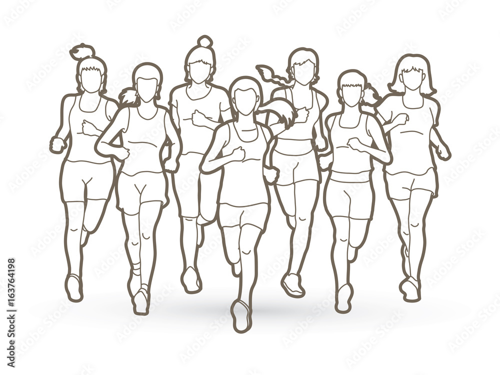 Women running, Marathon runners, Group of people running outline graphic vector.