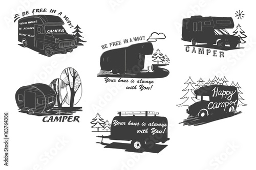 illustration of lettering travel, typographic logo, camping calligraphy, silhouette trailer, caravan, van, printable badges