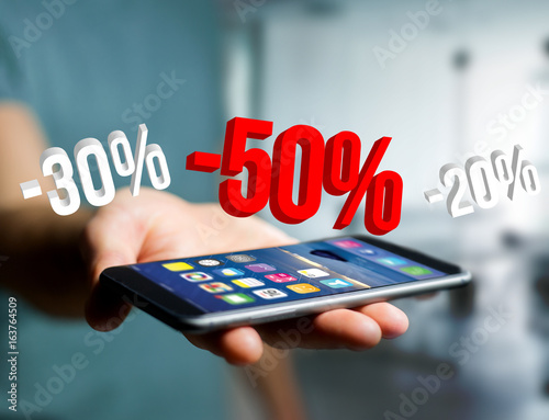 Sales promotion 20% 30% and 50% flying over an interface - Shopping concept