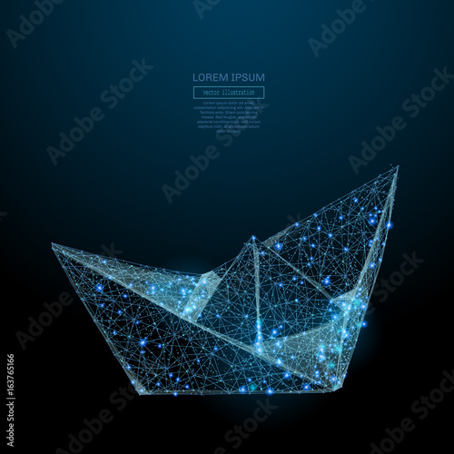 Abstract image of a paper boat in the form of a starry sky or space, consisting of points, lines, and shapes in the form of planets, stars and the universe. Vector business