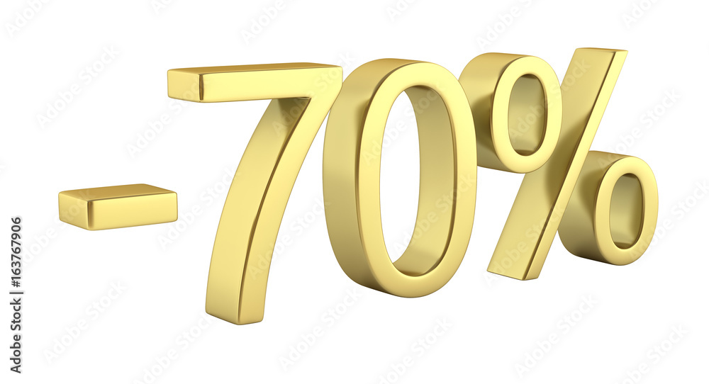Gold text 70 percent off on white background without shadow 3D render Gold text 70 percent off on white background without shadow 3D render
