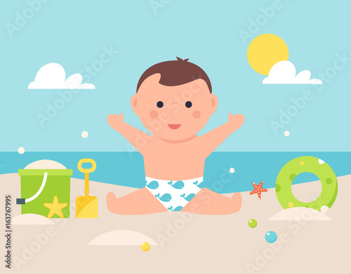 Baby Sitting on Sandy Beach with Toys and Pool Tube