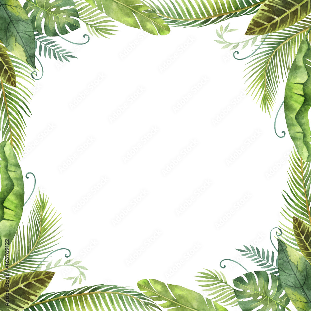 Fototapeta premium Watercolor frame tropical leaves and branches isolated on white background.