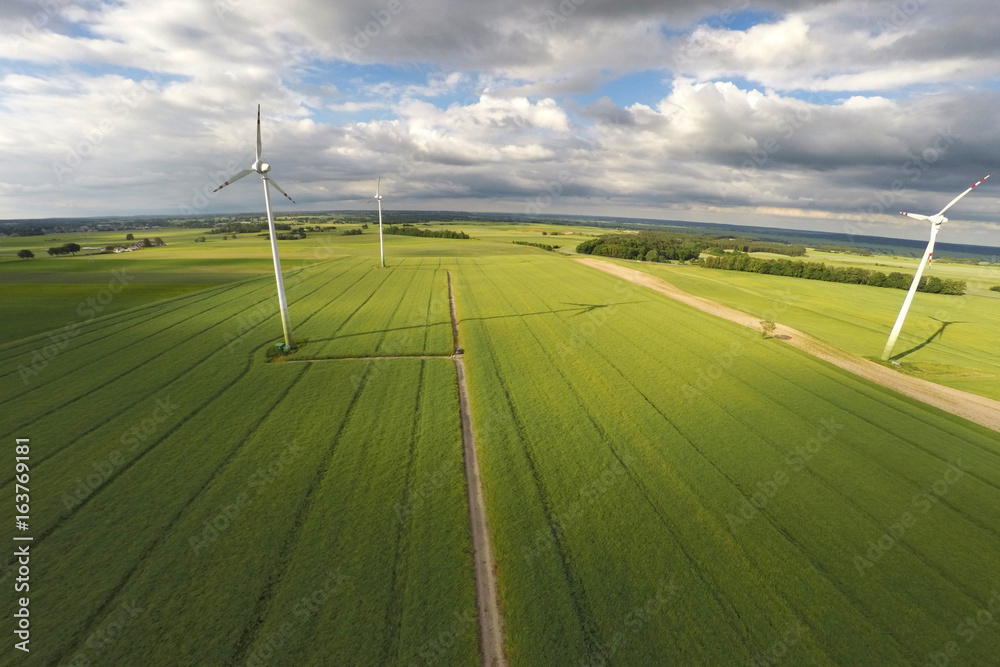 Aerial view of summer field with wind turbines, Poland