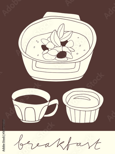 Fruit and nuts oatmeal bowl with honey and cup of coffee. Hand drawn breakfast stylized illustration. Morning menu