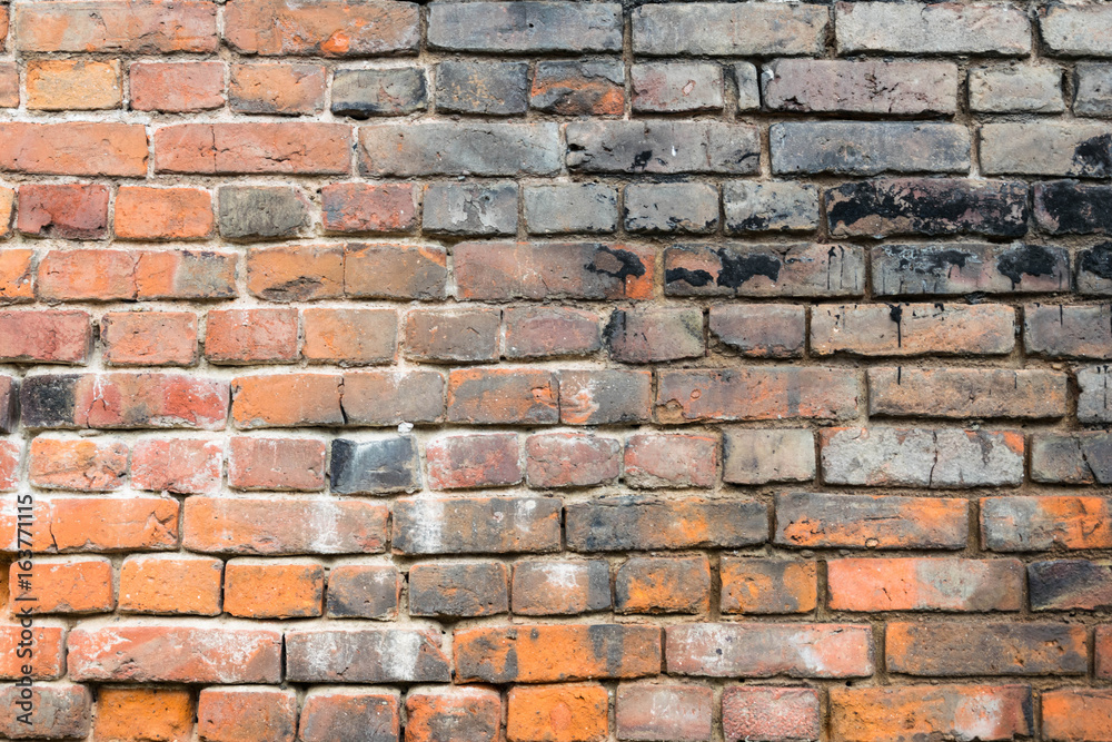 Obraz premium Red old worn brick wall with black spots texture background.
