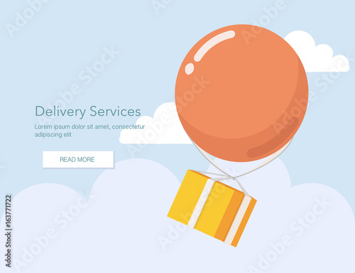 Delivery Services and E-Commerce. Packages flies in a air balloon.Flat elements isolated vector illustration