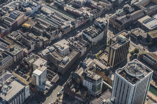 Aerial View of the Welsh capital city of Cardiff from a helicopter captured on 12.08.2015