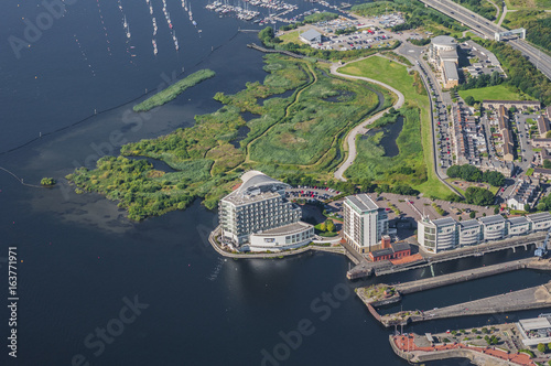 Aerial View of the Welsh capital city of Cardiff from a helicopter captured on 12.08.2015 photo