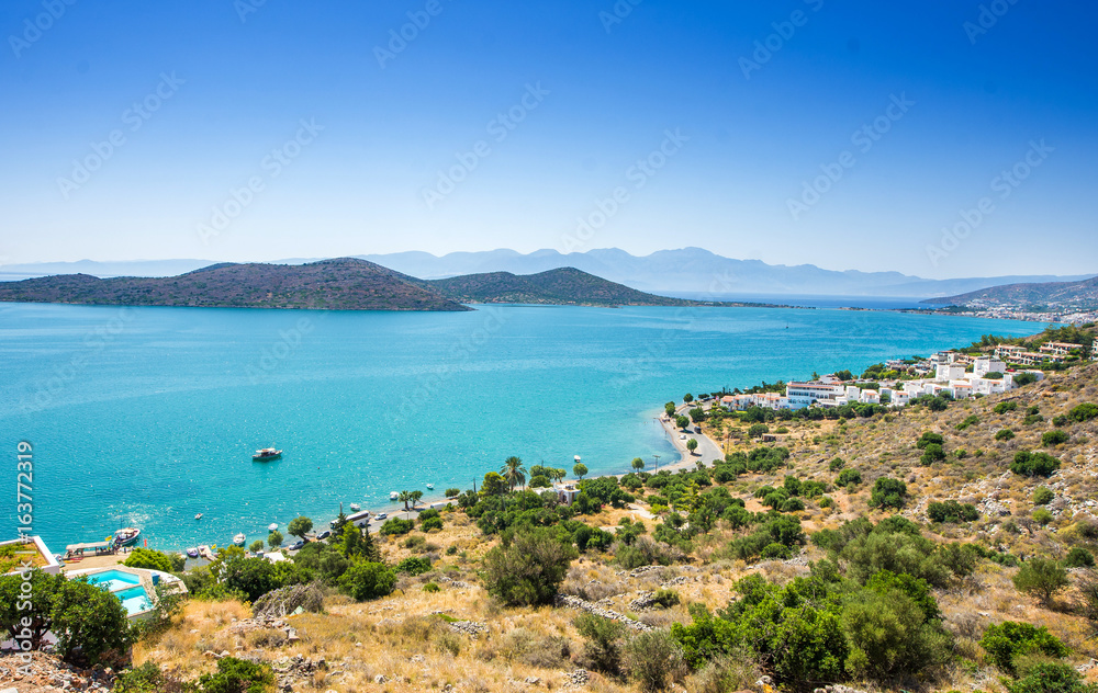 Panoramic view of the town Elounda, Crete, Greece.Paradice view of Crete island with blue water. Panoramic view of Elounda nature