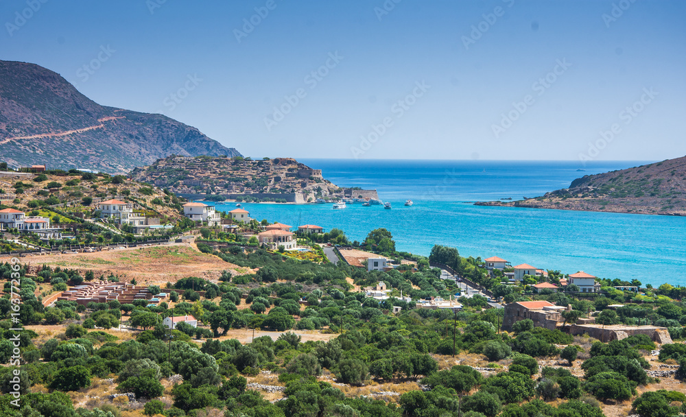 Panoramic view of the town Elounda, Crete, Greece.Paradice view of Crete island with blue water. Panoramic view of Elounda nature