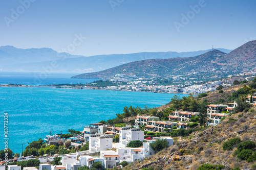 Panoramic view of the town Elounda, Crete, Greece.Paradice view of Crete island with blue water. Panoramic view of Elounda nature