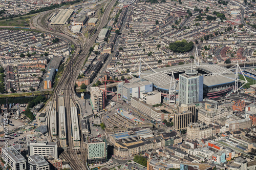 Aerial View of the Welsh capital city of Cardiff from a helicopter captured on 12.08.2015