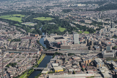 Aerial View of the Welsh capital city of Cardiff from a helicopter captured on 12.08.2015