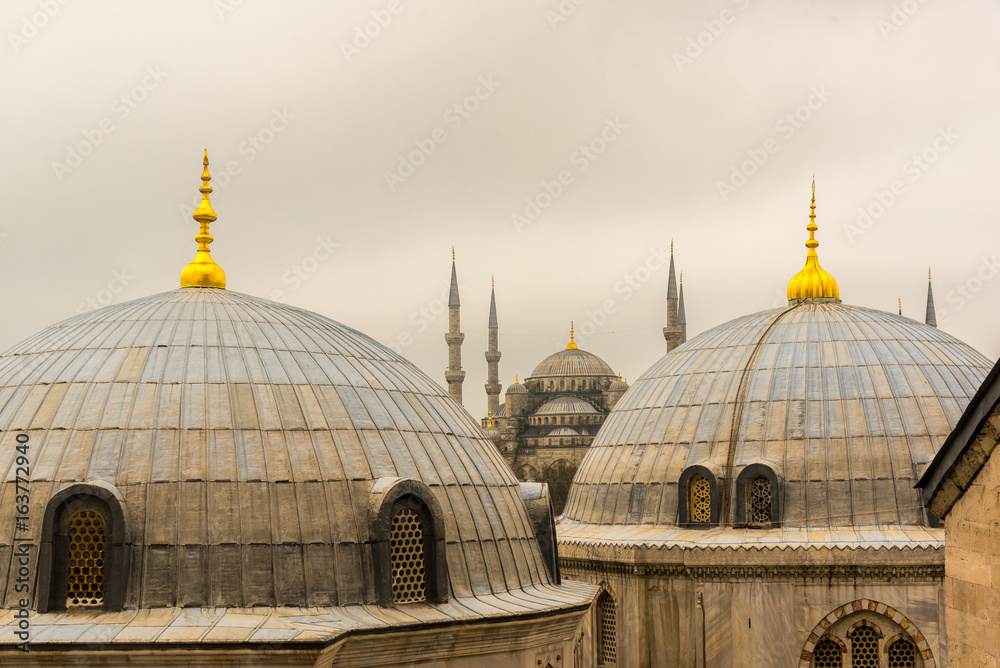 View from the outside,inner courtyard and archway of blue Mosque also called Sultan Ahmed Mosque or Sultan Ahmet Mosque in Istanbul, Turkey