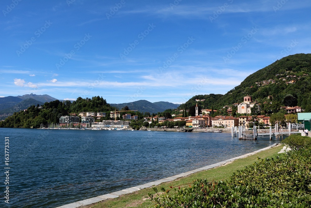 View to Laveno Mombello at Lake Maggiore in summer, Lombardy Italy 