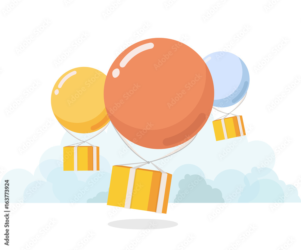 Concept for delivery service. Packages flying down from sky with ...