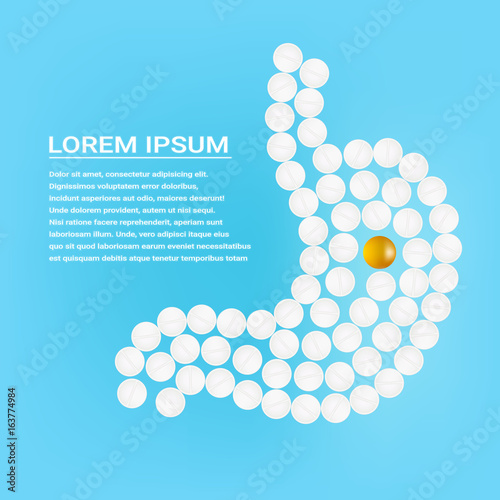 Human Stomach With Pills Isolated On A Background Realistic Vector Illustration. Medical concept created by pills.