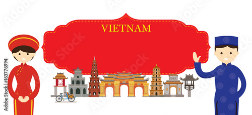 Vietnam Landmarks and people in Traditional Clothing