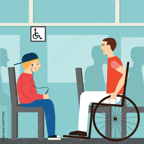 Seat for disabled.Good manners. boy is sitting on the ground for the disabled.etiquette.man in a wheelchair.
