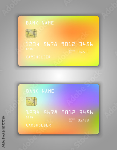 Vector set Realistic credit bank card mockup. gradient spiral pattern. Multicolor, rainbow colors, yellow, red, blue, green