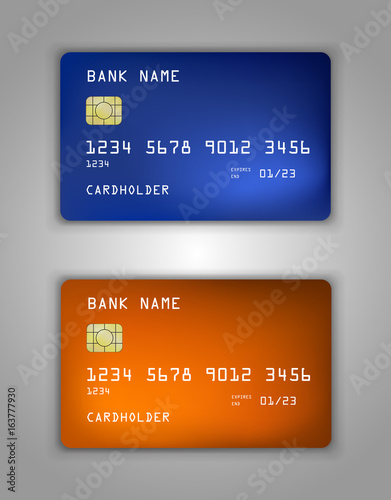Vector set Realistic credit bank card mockup. gradient spiral pattern. Orange, yellow, blue, warm, cold