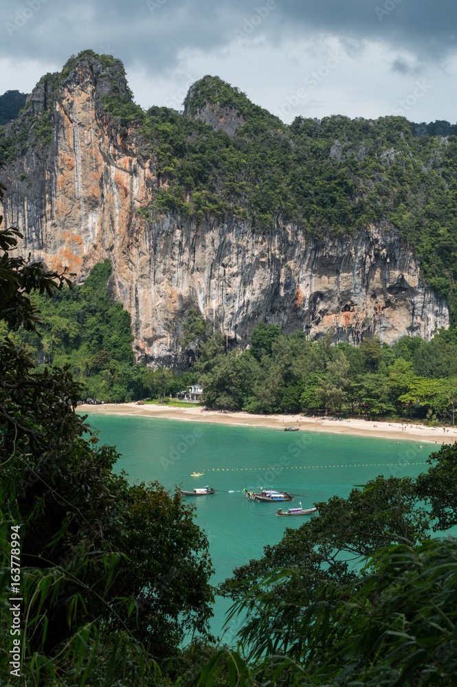 Lime Stone Formations and Beach seen from Rock Climbing View Point, Railay Beach, Krabi, Thailand