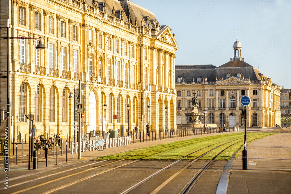 Street view near the famous La Bourse square during the morning in Bordeaux city, France