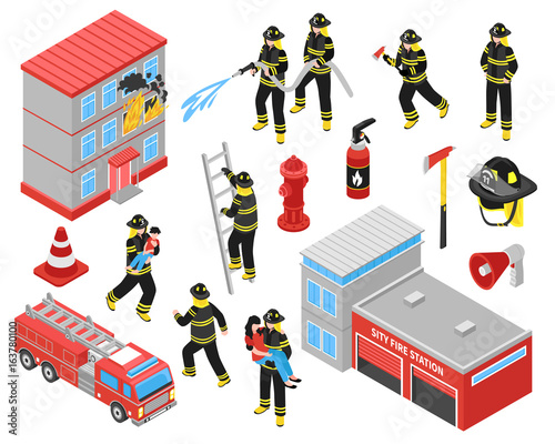 Fire Department Isometric Icons Set 