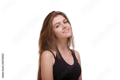 Portrait of sexy woman with long hair posing on white background