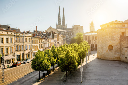Morning cityscape view with saint Pierre cathedral in Bordeaux city, France