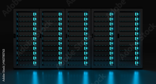 Dark server room data center storage 3D rendering