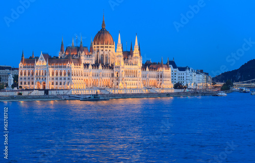 Evening view on  Hungarian Parliament and Danube river   Budapest  Hungary   