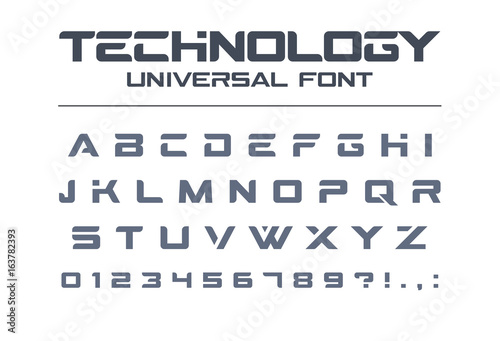 Technology universal font. Geometric, sport, futuristic, future techno alphabet. Letters and numbers for military, industrial, electric car racing logo design. Modern minimalistic vector typeface
