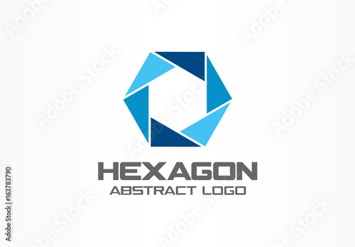 Abstract logo for business company. Corporate identity design element. Camera diaphragm, shutter, focus, photo studio logotype idea. Connect, mix, integrated hexagon concept. Colorful Vector icon