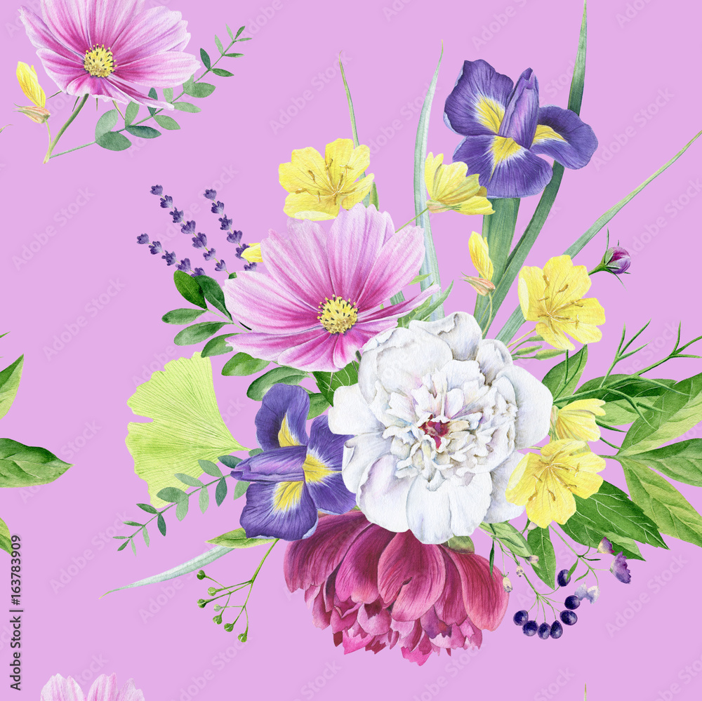 Beautiful watercolor floral peony seamless pattern