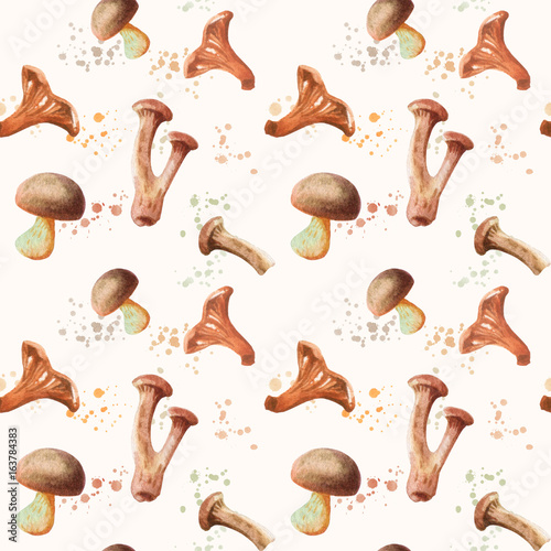 Seamless pattern with fresh mushrooms watercolor painting.