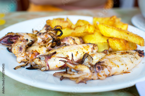 Grilled squid with french fries on a plate