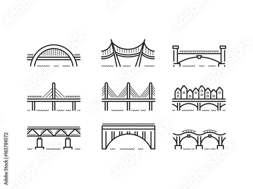 Fototapeta Naklejka Na Ścianę i Meble -  Set of linear icons bridges of different typologies and designs. Vector logos bridges in flat outline style isolated on white background.