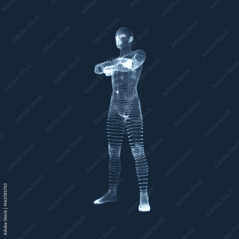 Man Stands on his Feet. 3D Model of Man. Human Body Model. View of Human Body. Vector Graphics Composed of Particles. Man Stands on his Feet. 3D Model of Man. Human Body Model. View of Human Body. Vector Graphics Composed of Particles.