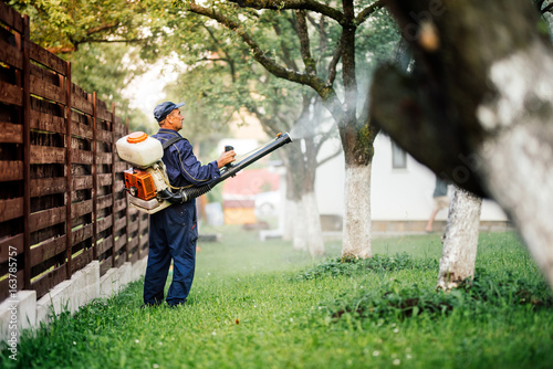 Farmer worker spraying pesticide treatment on fruit garden