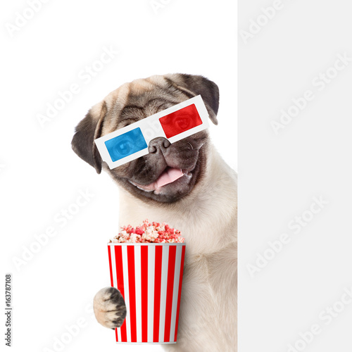 Funny puppy in the 3d glasses with popcorn basket behind white banner. isolated on white background