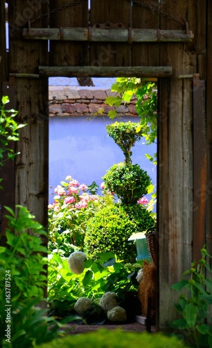 jardin fleur portail vert topiaire maison bleue uttendorf plante printemps photo