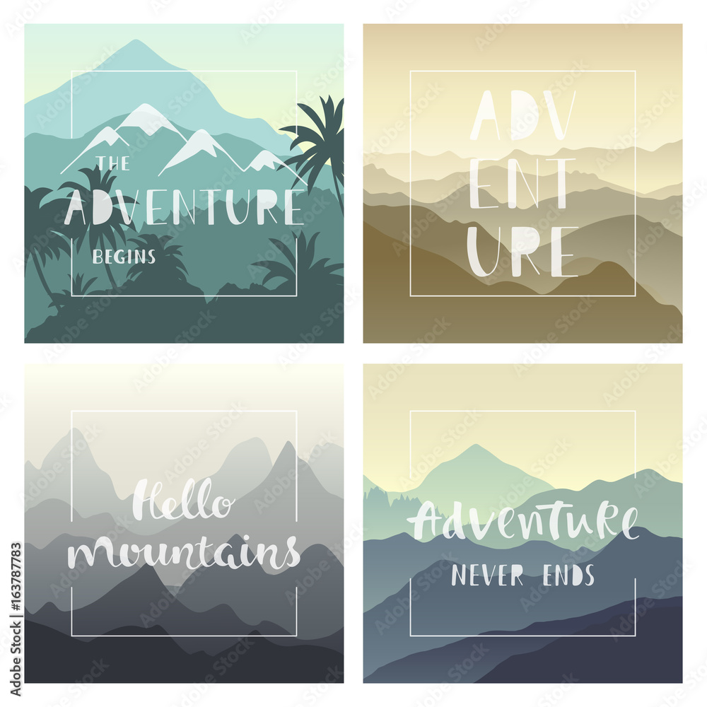Set of colorful mountain landscapes with handwritten lettering. Adventure and travel concept. Vector illustrations for prints, posters, flyers, backgrounds and cover design.