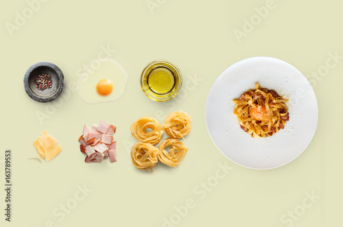 Cooking ingredients for italian food, carbonara, isolated on yellow background