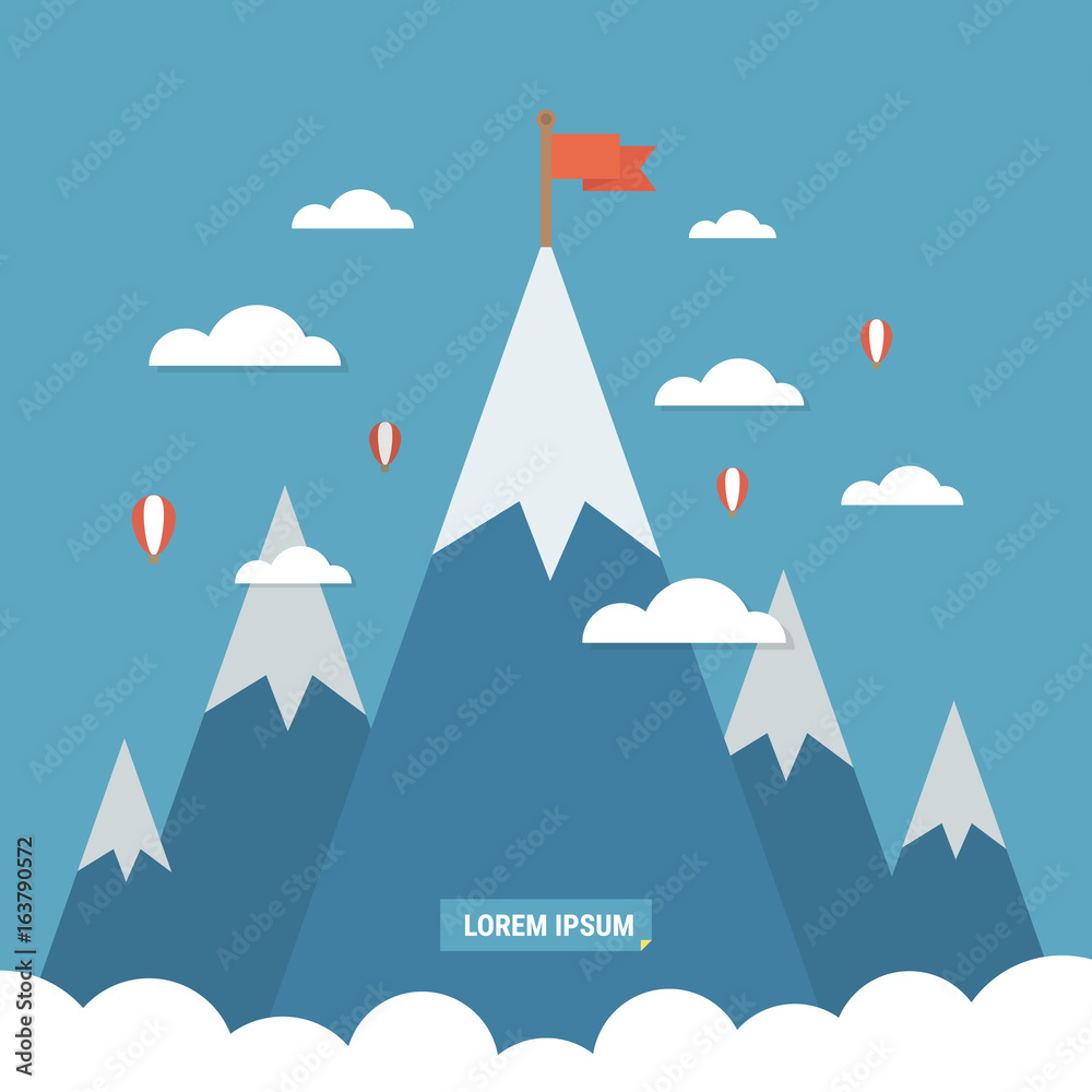 Naklejka premium Concept business and success. Red flag on a Mountain peak.