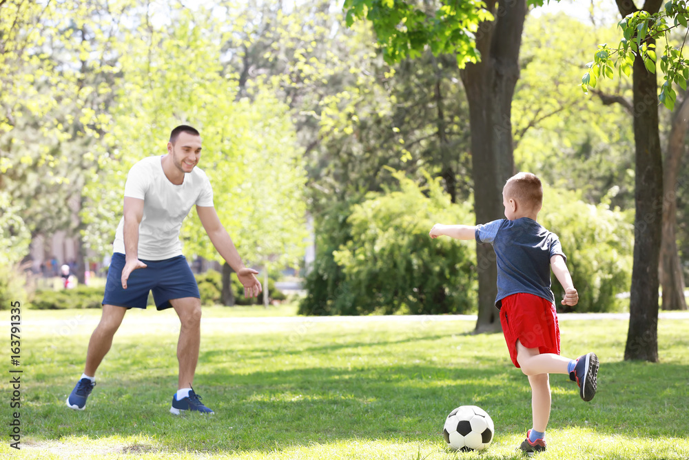 Father and son playing football on green grass in park