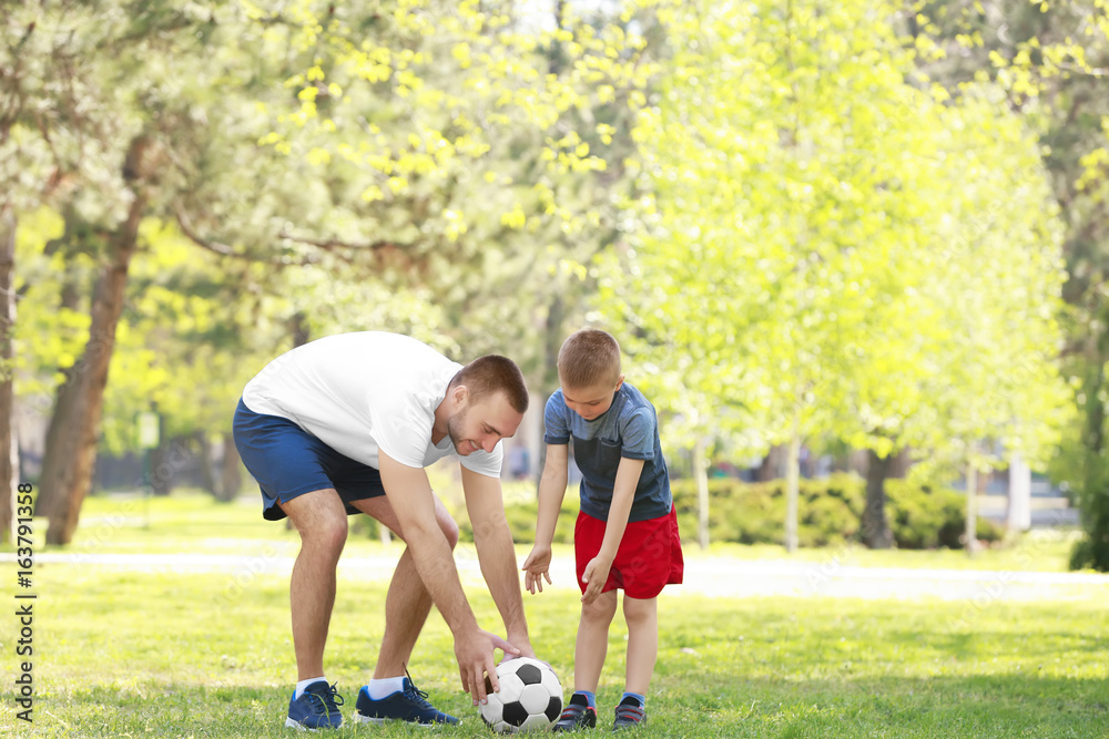 Obraz premium Father and son playing football on green grass in park